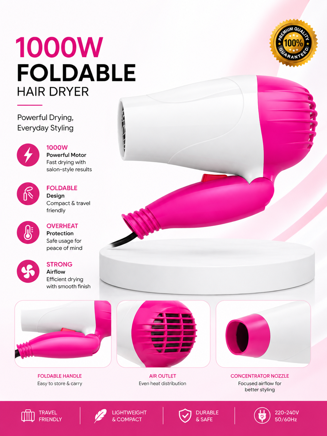 1000W Foldable Hair Dryer | Fast Drying, Hot & Cool Air | Lightweight Travel Hair Dryer
