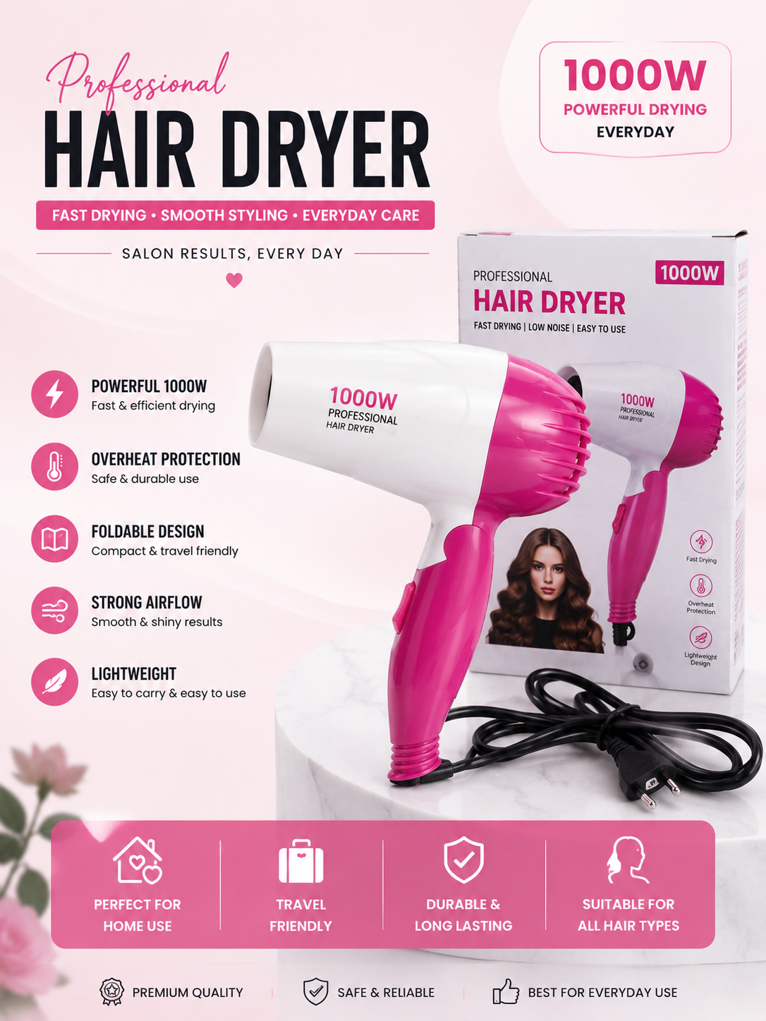 1000W Foldable Hair Dryer | Fast Drying, Hot & Cool Air | Lightweight Travel Hair Dryer