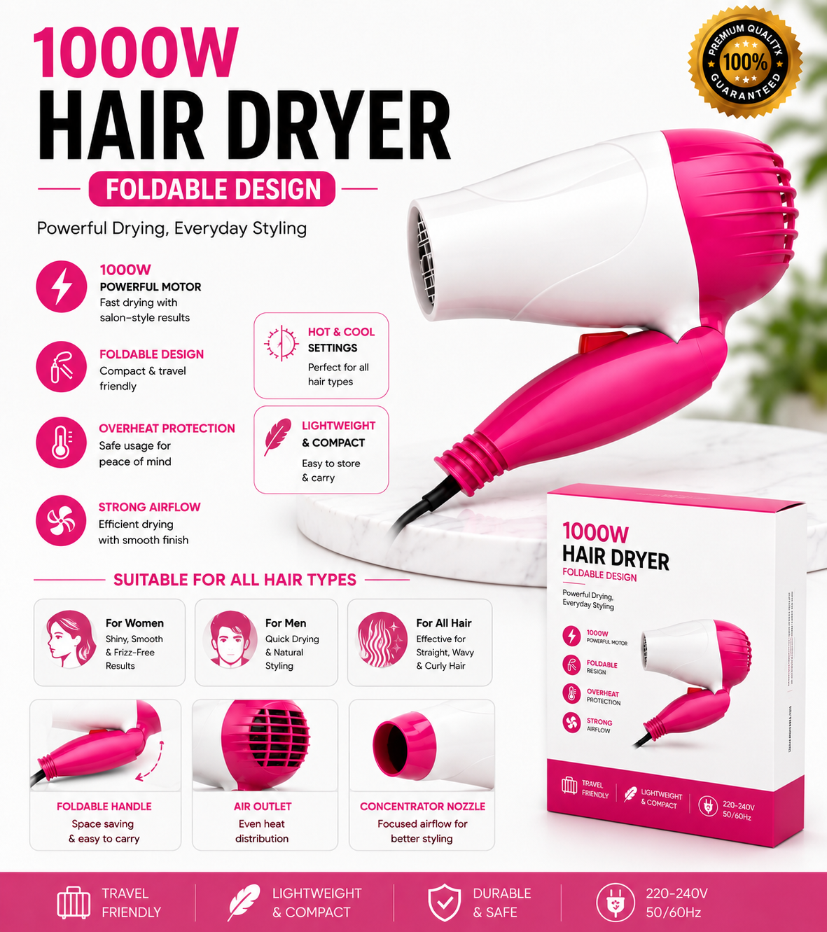 1000W Foldable Hair Dryer | Fast Drying, Hot & Cool Air | Lightweight Travel Hair Dryer