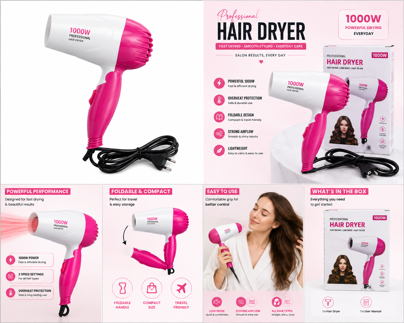 1000W Foldable Hair Dryer | Fast Drying, Hot & Cool Air | Lightweight Travel Hair Dryer