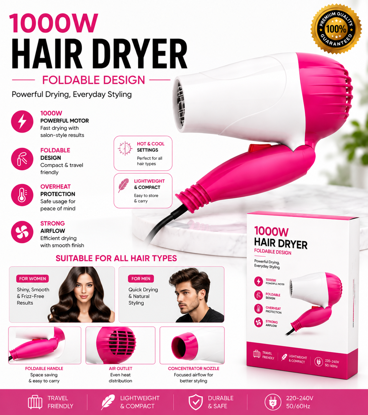 1000W Foldable Hair Dryer | Fast Drying, Hot & Cool Air | Lightweight Travel Hair Dryer
